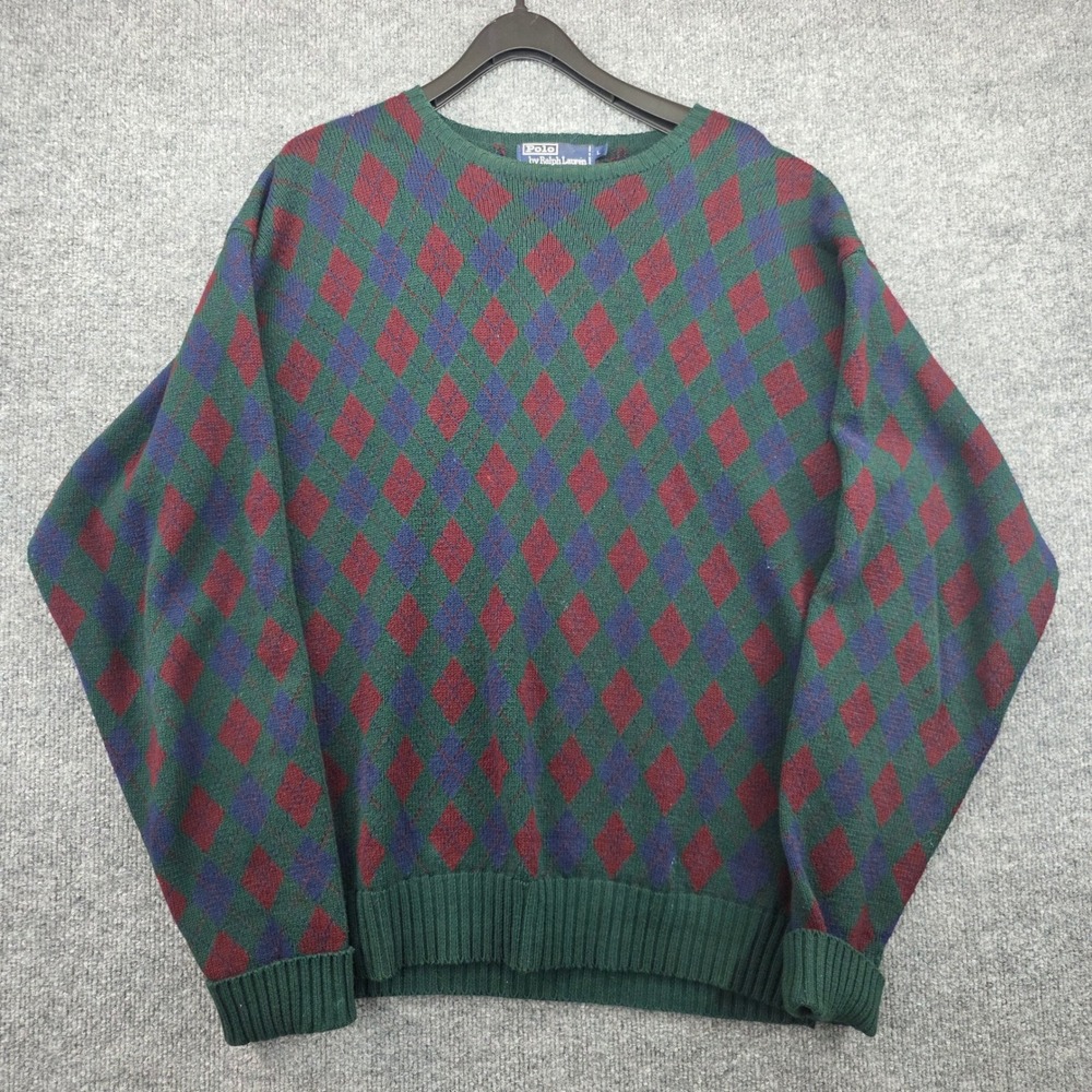 Polo Ralph Lauren Mens Argyle Crewneck Sweater Green Burgundy Blue Large L